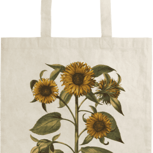 Una bolsa de mano de color beige que presenta una ilustración botánica de una planta de girasol con múltiples flores y hojas.