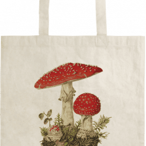 Bolsa de mano con ilustración de dos setas rojas y follaje sobre fondo beige.