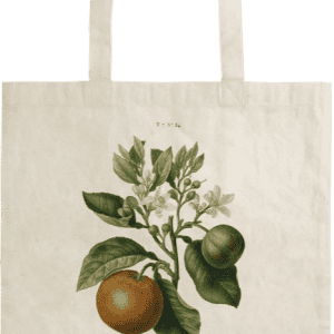 Bolsa de mano con ilustración de una rama de cítrico, con hojas, flores blancas y dos frutas, una naranja y otra verde.