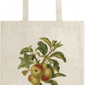Una bolsa de lona que presenta una ilustración de una rama con manzanas y hojas verdes y rojas.