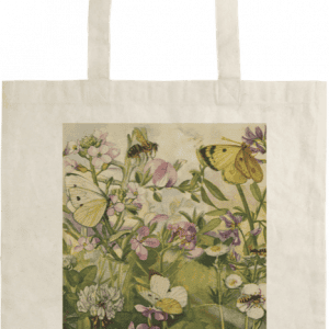 Una bolsa de mano que presenta una ilustración de varias mariposas y abejas entre flores silvestres.