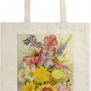 Bolsa de mano que muestra una colorida ilustración de varias flores, incluidas margaritas, equináceas y delfinios, con un fondo blanco.