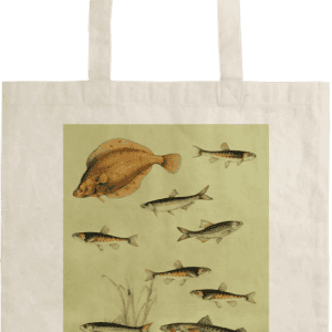 Bolsa de mano con ilustración de varias especies de peces sobre fondo claro.