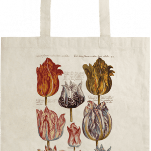 Bolsa de mano que presenta ilustraciones botánicas vintage de varios tulipanes etiquetados con nombres, en un diseño de tres filas con tres tulipanes en cada fila.