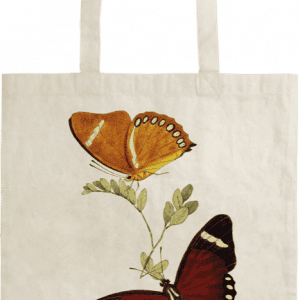 Bolsa de mano con dos mariposas ilustradas, una naranja y otra rojo oscuro, posadas en la rama de una planta.