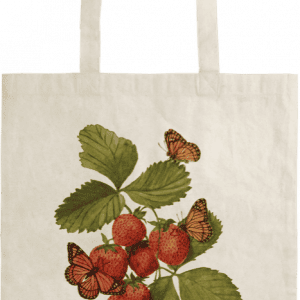 Bolso de mano con estampado de fresas, hojas y mariposas.