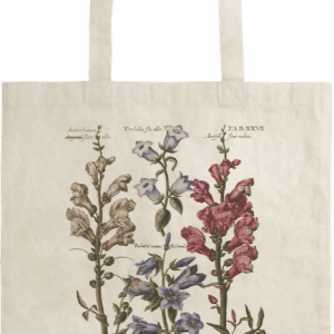 Bolsa de mano que muestra ilustraciones de tres plantas con flores con anotaciones científicas encima de cada una.