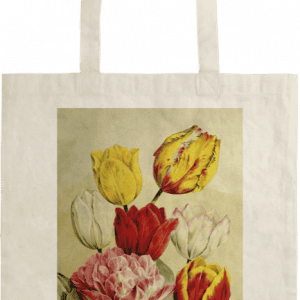 Bolsa de mano con una imagen impresa de tulipanes de colores, que incluye flores rojas, amarillas y rosas con hojas verdes.