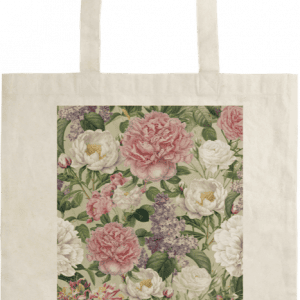 Un bolso de mano beige que presenta un panel con un patrón floral de flores rosas, blancas y violetas y hojas verdes.