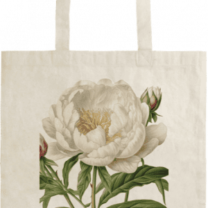 Una bolsa de lona que presenta una ilustración botánica de una flor blanca en flor con hojas y brotes verdes.