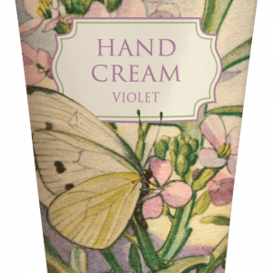 Tubo de crema de manos etiquetado "Violeta" con una ilustración de flores y una mariposa.