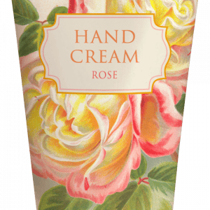 Un tubo de crema de manos etiquetado "Rosa" con un diseño floral con rosas rosadas y amarillas.