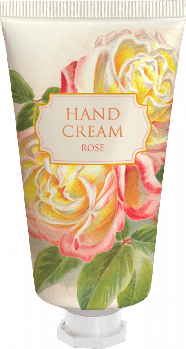 Un tubo de crema de manos etiquetado "Rosa" con un diseño floral con rosas rosadas y amarillas.