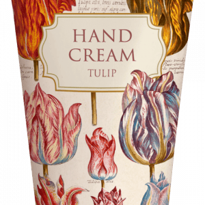 Un tubo de crema de manos etiquetado como "Tulip" con ilustraciones de varias flores de tulipán en el envase.