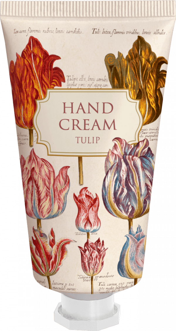 Un tubo de crema de manos etiquetado como "Tulip" con ilustraciones de varias flores de tulipán en el envase.