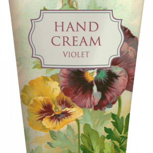 Tubo de crema de manos con diseño floral y etiqueta “Hand Cream Violet” en el frente.