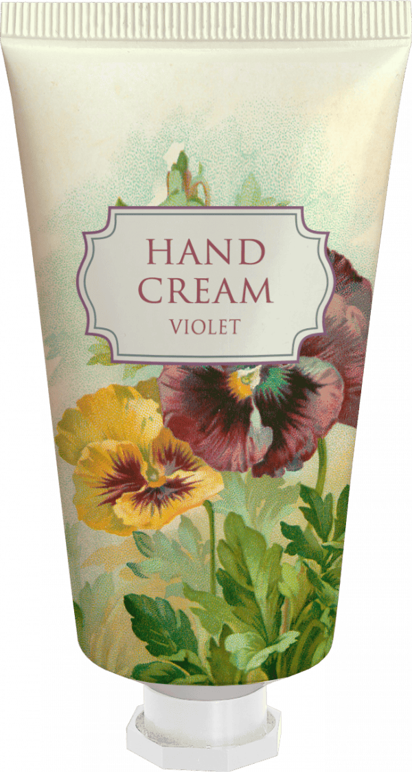 Tubo de crema de manos con diseño floral y etiqueta “Hand Cream Violet” en el frente.
