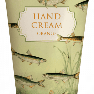 Un tubo de crema de manos etiquetado "Naranja" con un diseño que presenta peces nadando y plantas acuáticas.