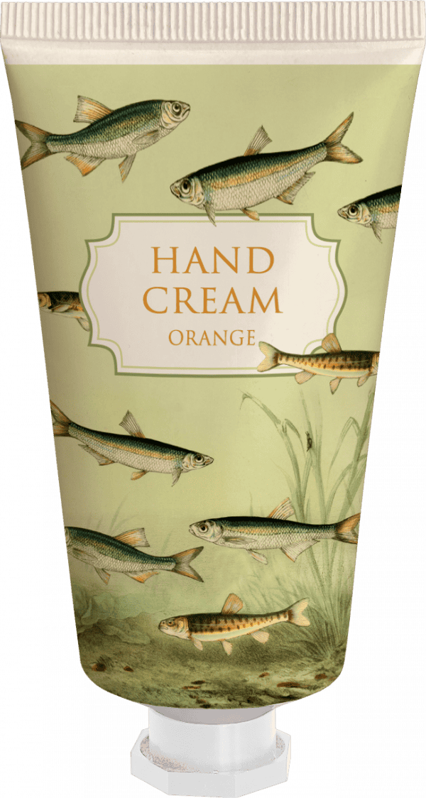 Un tubo de crema de manos etiquetado "Naranja" con un diseño que presenta peces nadando y plantas acuáticas.