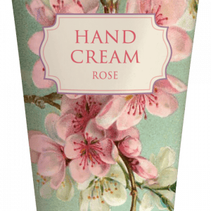 Un tubo de crema de manos con aroma a rosas y un diseño floral con flores rosas sobre un fondo azul claro.