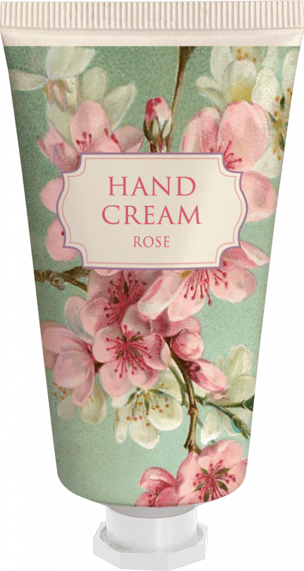 Un tubo de crema de manos con aroma a rosas y un diseño floral con flores rosas sobre un fondo azul claro.