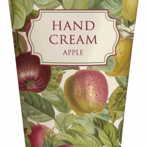 Un tubo de crema de manos etiquetado como "Manzana" con una ilustración de manzanas y hojas en el envase.