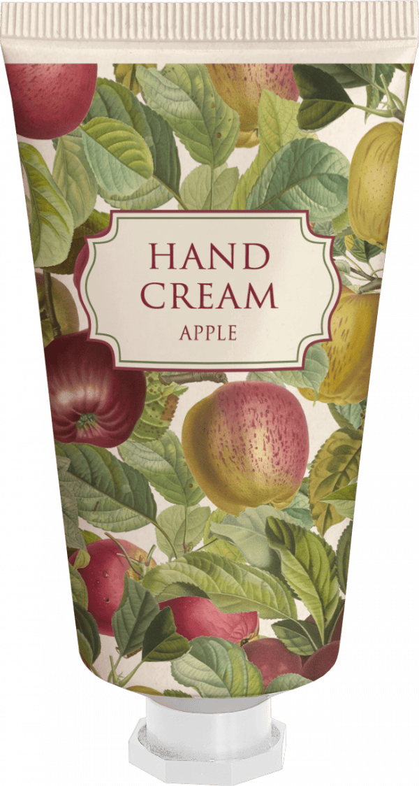 Un tubo de crema de manos etiquetado como "Manzana" con una ilustración de manzanas y hojas en el envase.