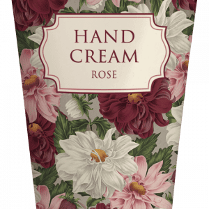 Un tubo de crema de manos con aroma a rosas con temática floral y una mezcla de flores rojas, rosadas y blancas en el empaque.