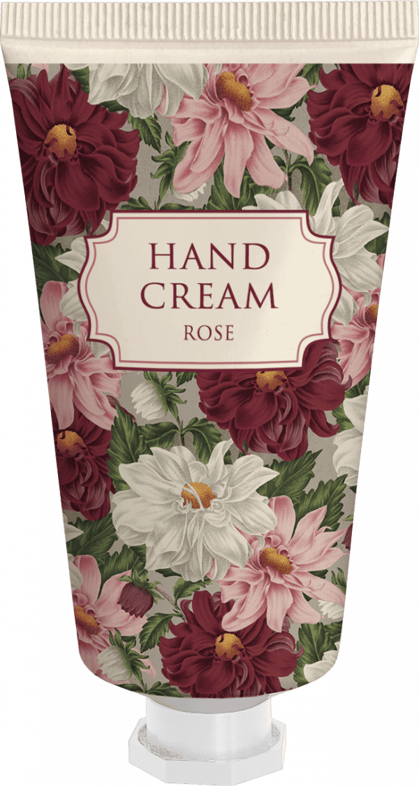 Un tubo de crema de manos con aroma a rosas con temática floral y una mezcla de flores rojas, rosadas y blancas en el empaque.