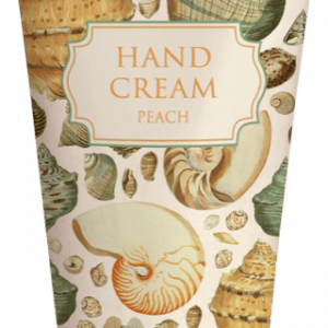 Tubo de crema de manos con aroma a melocotón con ilustraciones de conchas marinas en el envase.