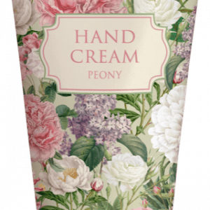 Tubo de crema de manos con diseño floral de peonías rosas y blancas, etiquetado "Crema de manos Peonía".