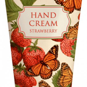 Tubo de crema de manos con diseño de fresa y mariposa en el envase. La etiqueta dice "Crema de manos de fresa".
