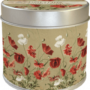 Lata redonda de metal con diseño floral de amapolas rojas y blancas sobre un fondo beige.