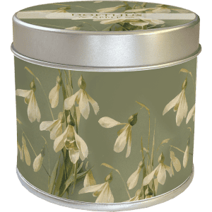 Un recipiente de lata redondo con acabado mate que presenta una ilustración de flores de campanillas blancas sobre un fondo verde.