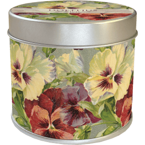 Lata redonda de metal con un colorido diseño de flores de pensamiento en la superficie, con flores de color rojo, morado y amarillo.