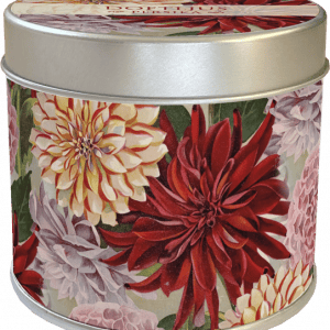 Una lata plateada con un diseño floral con flores rojas, rosas y amarillas.