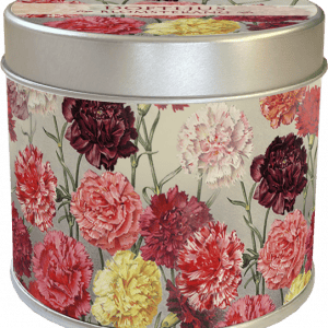 Una lata redonda de metal con un diseño floral, que representa claveles rojos, rosados, amarillos y blancos en el lateral y la tapa.