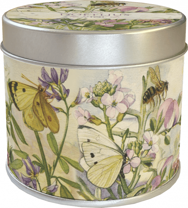 Una lata cilíndrica con un diseño floral que incluye mariposas y abejas.