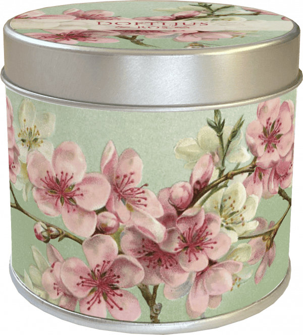 Un recipiente de lata redondo con tapa, que presenta un diseño floral de flores rosas y blancas sobre un fondo verde claro.