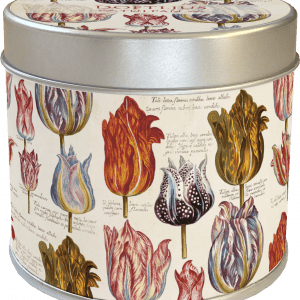 Un recipiente de hojalata redondo decorado con ilustraciones y textos de tulipanes coloridos de estilo vintage.