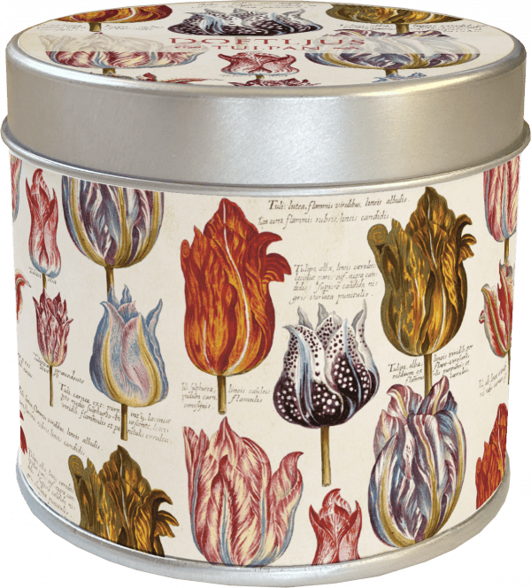 Un recipiente de hojalata redondo decorado con ilustraciones y textos de tulipanes coloridos de estilo vintage.