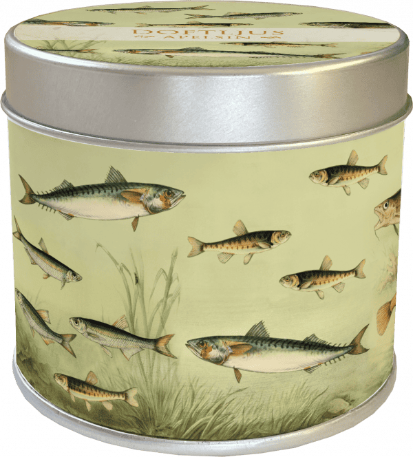 Lata redonda con ilustraciones de varios peces nadando entre plantas acuáticas sobre un fondo verde pálido.