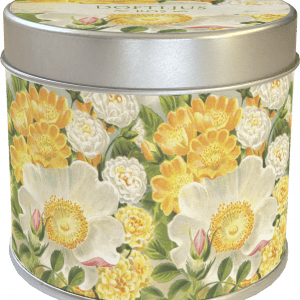 Una lata redonda de metal con un estampado floral que incluye flores amarillas y blancas.