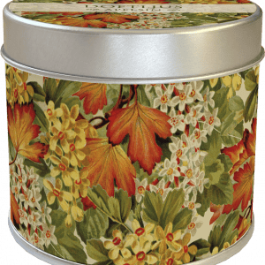Contenedor de lata con diseño floral y de hojas otoñales en tonos rojos, naranjas, amarillos y verdes.