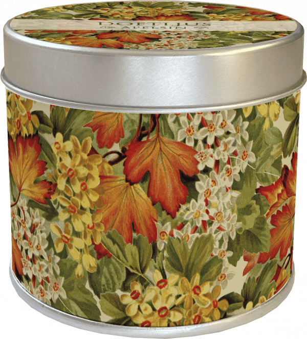 Contenedor de lata con diseño floral y de hojas otoñales en tonos rojos, naranjas, amarillos y verdes.