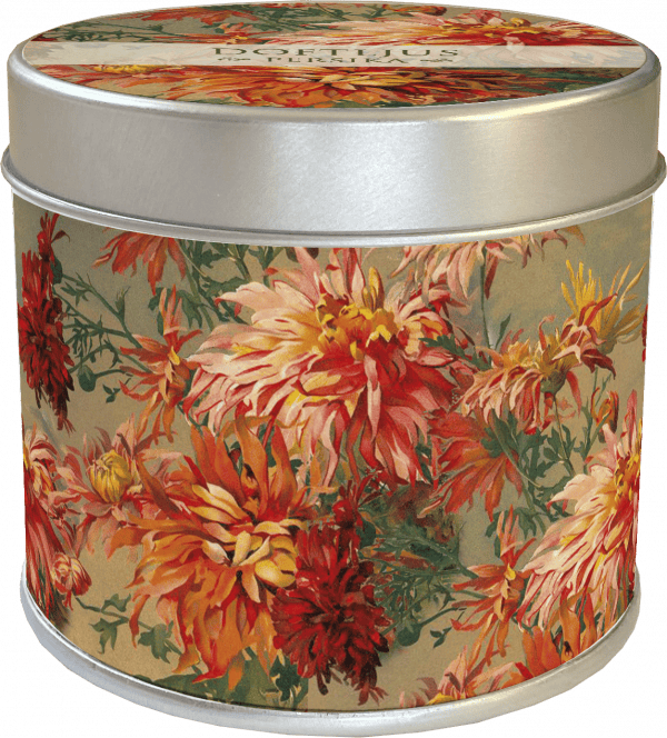 Una lata redonda de metal con un diseño floral con flores rojas y naranjas.