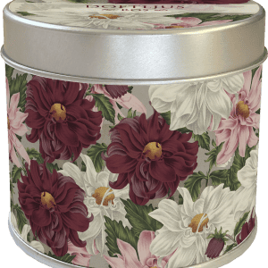 Lata redonda de metal con diseño floral de flores de color burdeos y blanco con hojas verdes.