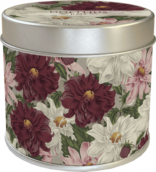 Lata redonda de metal con diseño floral de flores de color burdeos y blanco con hojas verdes.