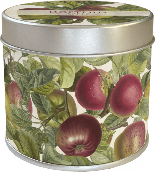 Un recipiente cilíndrico de hojalata decorado con ilustraciones de varias manzanas rojas y verdes sobre ramas con hojas.