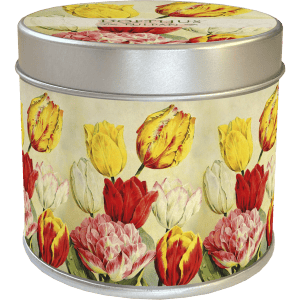 Una lata de metal con tapa, que presenta un diseño floral de tulipanes rojos, amarillos y blancos.
